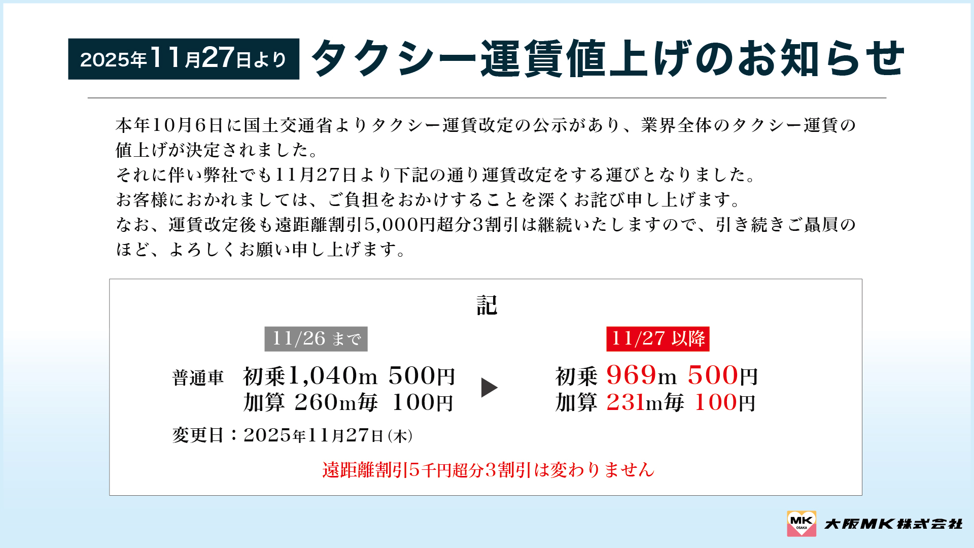 【大阪MK】2025年11月27日よりタクシー運賃値上げのお知らせ