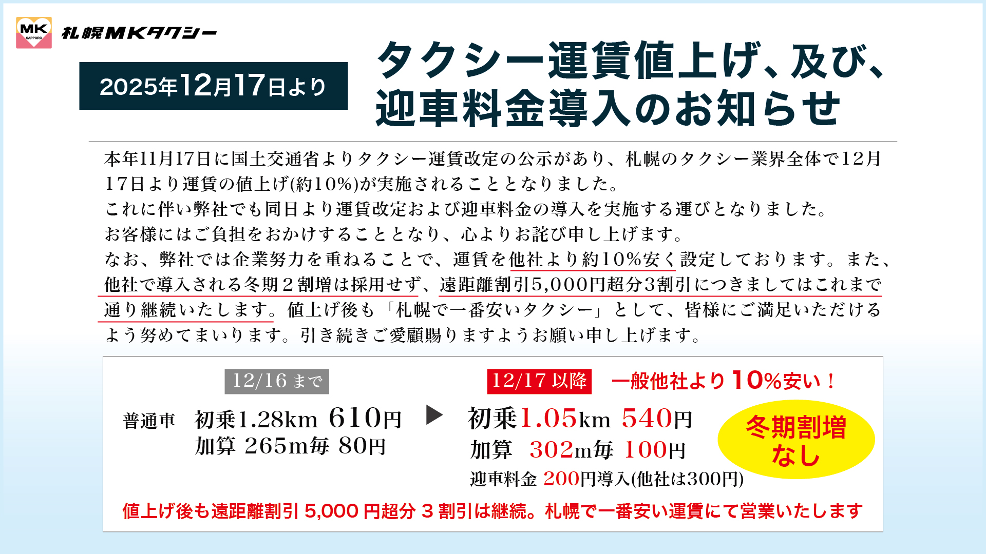 【札幌MK】2025年12月17日よりタクシー運賃値上げのお知らせ