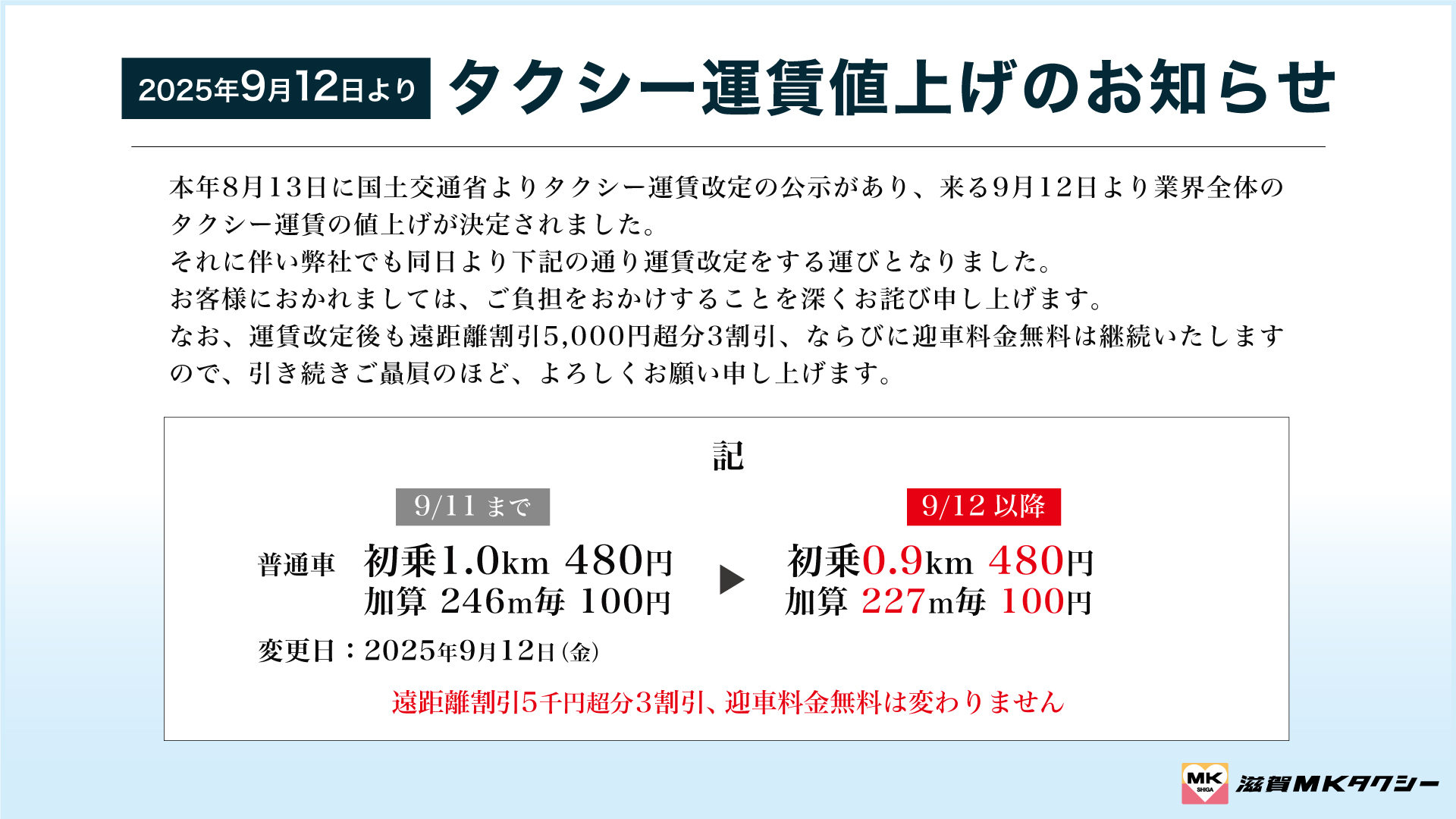 2025年9月12日よりタクシー運賃値上げ