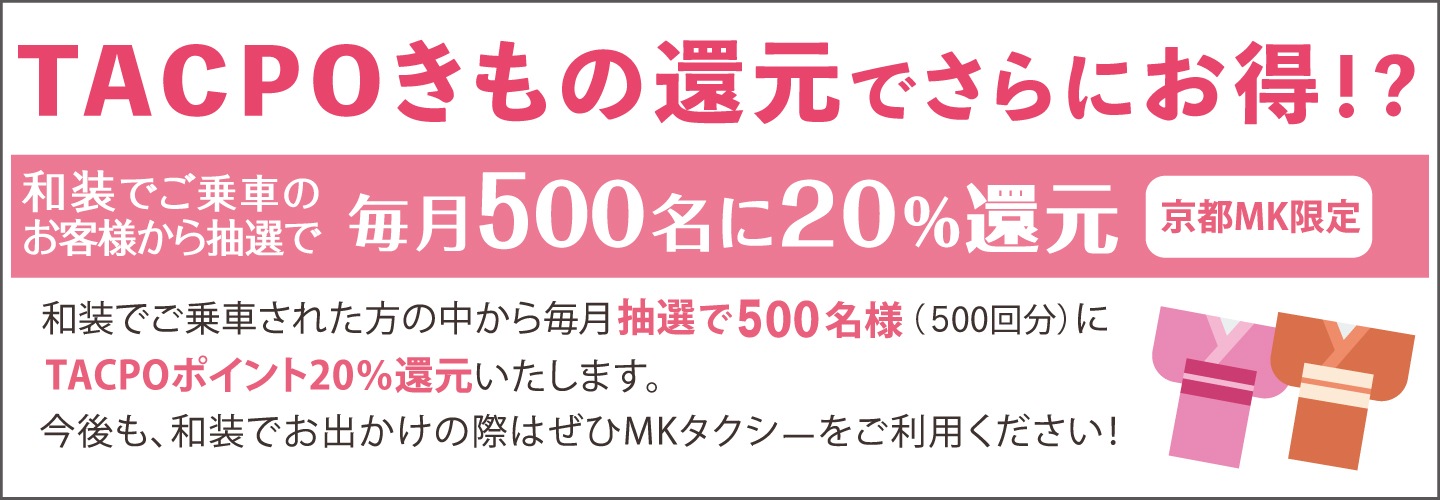 和装でご乗車された方の中から毎月抽選で500名様（500回分）にTACPOポイント20％還元いたします！