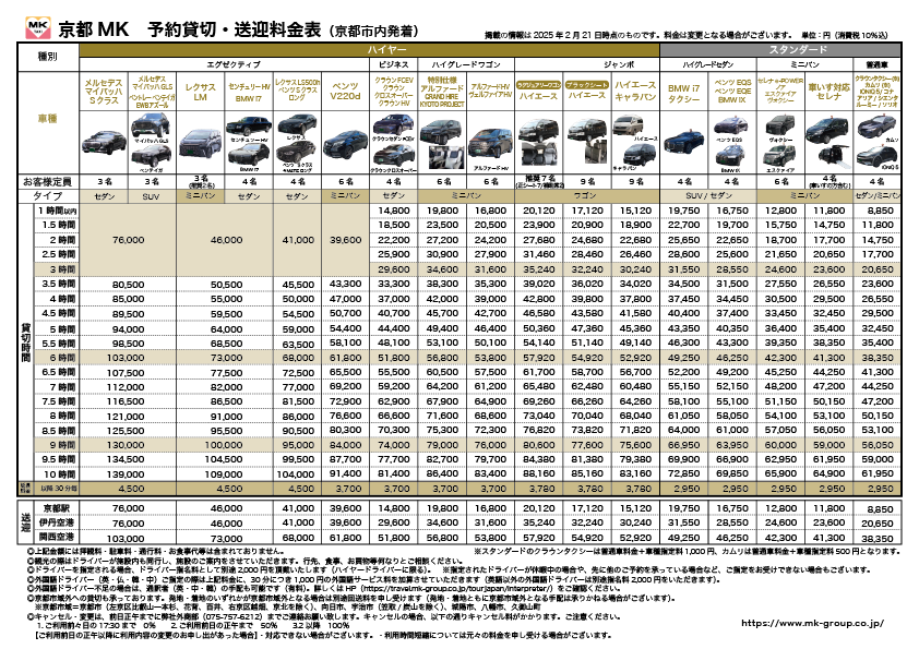 京都MK 予約貸切・送迎料金表