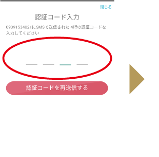 指定した電話番号のSMSに届く認証コードをご入力ください